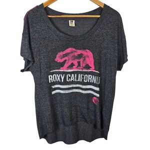 Roxy California Bear Graphic T‎ Shirt Women's XL Gray Pink Short Sleeve